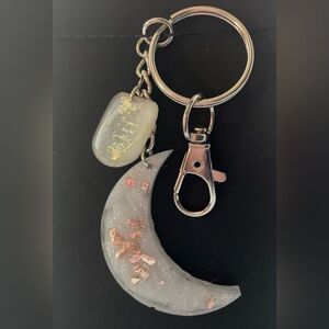 White and rose gold crescent moon with “be your own Gods” charm keychain.